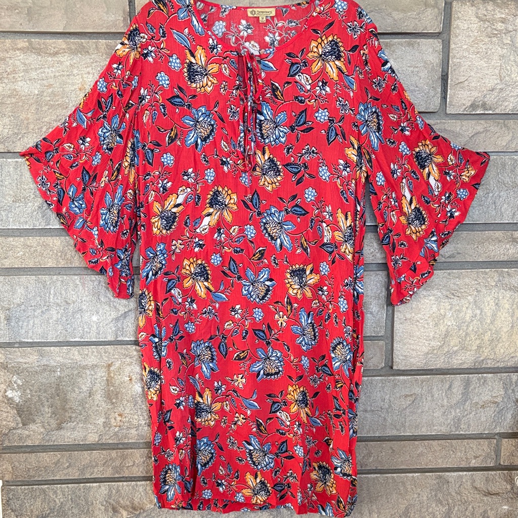 Democracy Coral Floral Dress With Flowers And Bell Sleeves